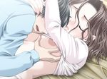  1boy 1girl bed breast_grab breasts brown_hair crescendo eyes_closed game_cg grabbing navel sasaki_ayame sasaki_ryo short_hair 