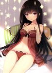  absurdres babydoll bangs bare_shoulders black_hair blunt_bangs bow bow_panties breasts cleavage highres huge_filesize kurasawa_moko light_smile long_hair medium_breasts navel original panties polka_dot polka_dot_panties purple_eyes scan see-through sitting solo strap_gap underwear very_long_hair 