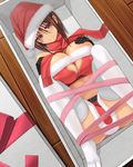  aebafuti belt black_gloves blush box breasts brown_hair folded gloves hat heart_cutout highres in_box in_container knees_on_chest large_breasts looking_at_viewer lying md5_mismatch on_back original pink_eyes santa_hat scarf skirt smile solo thighhighs white_legwear 