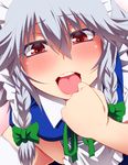  :d blush braid from_above hair_ribbon hand_to_own_mouth hayashi_custom izayoi_sakuya looking_at_viewer maid maid_headdress open_mouth ribbon silver_hair smile solo touhou twin_braids 