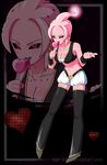  black_eyes black_sclera blue_tongue breasts candy cleavage dragon_ball dragonball_z epe-tohri lamp_(epe-tohri) majin_(race) midriff monster_girl original pink_skin red_eyes red_pupils shorts solo thighhighs 