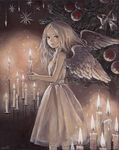  acrylic_paint_(medium) candle christmas dress holding long_hair looking_at_viewer nose original red_eyes signature solo toyoda_izumi traditional_media white_dress white_wings wings 