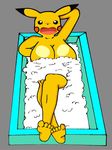  5_toes animal_ears anthro anthrofied bath bathroom bathtub big_breasts breasts covering covering_breasts crossed_legs female foam foot_focus human_feet invalid_tag looking_at_viewer nintendo open_mouth paws pikachu plain_background pok&#233;mon pok&#233;morph pok&eacute;mon scared soles solo toes video_games water 