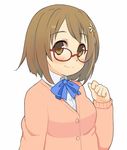  bespectacled blush brown_eyes brown_hair cardigan glasses hair_ornament highres idolmaster idolmaster_cinderella_girls mimura_kanako oza_watto short_hair simple_background smile solo upper_body white_background 