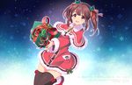  :d black_legwear blush brown_hair capelet character_name copyright_name english gift hair_ribbon highres holding idolmaster idolmaster_cinderella_girls kyu merry_christmas ogata_chieri open_mouth outline pink_eyes ribbon smile snowflakes solo thighhighs twintails 