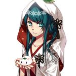  aqua_eyes aqua_hair bad_id bad_pixiv_id collarbone hatsune_miku holding hood japanese_clothes kimono leaf long_hair smile snow_bunny solo uchikake vocaloid witchonly yuki_miku 