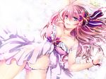  arm_up bare_shoulders blue_eyes breasts collarbone dress hair_ribbon large_breasts long_hair looking_at_viewer lying megurine_luka mikami_mika navel on_back panties pink_hair pink_panties ribbon solo strap_slip underwear vocaloid 