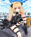  bag bare_shoulders blonde_hair boots cloud day detached_sleeves food grocery_bag hair_intakes hair_ornament holding konjiki_no_yami long_hair puspus red_eyes shopping_bag sitting sky solo taiyaki thigh_strap to_love-ru to_love-ru_darkness wagashi 