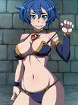  bare_shoulders blue_hair blush breasts cleavage elbow_gloves gloves green_eyes majokko_youheidan navel original short_hair smile solo standing wall 