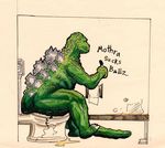  ambiguous_gender claws cracked crush english_text godzilla godzilla_(series) graffiti green_skin humor kaiju marker marker_(art) mixed_media not_furry pen_(art) sitting solo spines text toe_claws toilet toilet_paper traditional_media unknown_artist water writing 