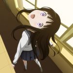  black_hair blush chitanda_eru foreshortening happy head_tilt hyouka long_hair looking_at_viewer open_mouth purple_eyes school_uniform serafuku shiden_(john_shiden) skirt smile solo sparkle 