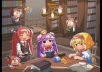  6+girls :&lt; :/ :d =_= alice_margatroid alternate_hair_length alternate_hairstyle bad_id bad_pixiv_id balcony bangs bat_wings bespectacled blonde_hair blue_dress blue_eyes blunt_bangs blush book bookmark bookshelf bow box braid candelabra candle capelet chair chibi chibi_on_head crescent cup demon_tail doll doll_joints doll_on_head dress dress_shirt flower flying frills glasses hair_bow hair_flower hair_ornament hair_ribbon hairband hat hat_bow head_wings highres hime_cut holding holding_book kakuzatou_(koruneriusu) koakuma library long_hair long_sleeves looking_up multiple_girls multiple_persona o_o on_head open_book open_mouth outstretched_arms paper patchouli_knowledge ponytail purple_dress purple_eyes purple_hair railing red_hair ribbon shanghai_doll shirt short_hair side_braid side_ponytail sidelocks sitting skirt skirt_set smile striped striped_dress sweatdrop table tail teacup touhou tray tress_ribbon twin_braids v-shaped_eyebrows very_long_hair vest voile white_shirt wings wooden_floor 