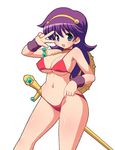  athena:_full_throttle athena_(series) bikini blue_eyes breasts erect_nipples highres large_breasts princess_athena pubic_hair purple_hair shishimaru_ken&#039;ya shishimaru_ken'ya snk swimsuit wristband 