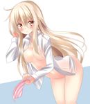  ahoge blonde_hair blush holding holding_panties kouzuki_fukurou long_hair md5_mismatch naked_shirt navel no_bra open_clothes open_shirt orange_eyes panties sakura-sou_no_pet_na_kanojo shiina_mashiro shirt solo striped striped_panties underwear 