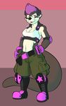  breasts cleavage clothed clothing elbow_pads female gloves hair knee_pads mammal midriff mustelid navel otter pants pink_hair rabidraccoon red_eyes solo 