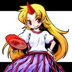  1girl alcohol blonde_hair fang female flat_chest horn hoshiguma_yuugi itsuku long_hair pointy_ears red_eyes sake smirk solo touhou 