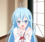  ahoge antenna_hair blue_eyes blue_hair blush denpa_onna_to_seishun_otoko happy long_hair looking_at_viewer necktie off_shoulder open_mouth shiden_(john_shiden) shirt smile solo sparkle touwa_erio very_long_hair white_shirt 