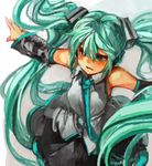  aqua_eyes aqua_hair bare_shoulders blush detached_sleeves from_above hatsune_miku long_hair necktie oekaki outstretched_arms parted_lips sachito shirt skirt sleeveless sleeveless_shirt solo spread_arms very_long_hair vocaloid 