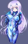  blush bodysuit breasts groin hair_ornament highres inia_sestina large_breasts lavender_hair light_trail lips long_hair muvluv muvluv_alternative muvluv_total_eclipse niko_(tama) nipples pilot_suit see-through skin_tight solo 