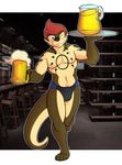  beer beverage clothed clothing hair half-dressed male mammal mustelid one_eye_closed otter rabidraccoon red_hair solo tattoo topless wink 