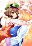  animal_ears breasts brown_eyes brown_hair cat_ears cat_tail chen closed_eyes face-to-face fox_tail hat hug large_breasts multiple_girls multiple_tails tabard tail takamoto_akisa touhou yakumo_ran yuri 
