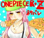  1girl breasts cleavage copyright_name eating food hat jewelry_bonney large_breasts luneisweenysweet one_piece piercing pink_hair pizza sabaody_archipelago solo suspenders title_drop yellow_eyes 