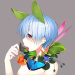  bad_id bad_pixiv_id bare_shoulders blue_hair blush breasts bug butterfly dancho_(dancyo) flower grey_background holding insect leaf medium_breasts original pink_eyes short_hair simple_background solo tongue upper_body 