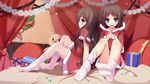  arms_behind_back bed_sheet blue_eyes box brown_hair dress gift gift_box hair_ornament highres interlocked_fingers long_hair multiple_girls nerv110 original red_dress santa_costume short_hair siblings sitting smile thighhighs twins white_legwear 