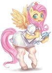 anthro anthrofied big_breasts blush breasts clipboard clothing equine female fluttershy fluttershy_(mlp) friendship_is_magic fur green_eyes hair hoihoi horse large_breasts looking_at_viewer mammal my_little_pony my_little_pony_friendship_is_magic nurse open_mouth pegasus pink_hair pony solo thighhighs white_background wings yellow_fur 