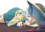  1girl bleeding blood blood_on_face boxcutter fingernails green_eyes green_hair green_nails green_skirt hat highres injury kawayabug komeiji_koishi nail_polish on_ground shirt simple_background skirt slit_pupils solo third_eye touhou veins yellow_shirt 