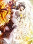  asymmetrical_clothes black_hair breasts cleavage copyright_name earrings fire jewelry kid_(artist) large_breasts legend_of_the_cryptids long_hair navel_piercing parted_lips piercing pointy_ears signature smile solo 