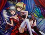  bat_wings bed black_legwear blonde_hair blush crystal dress fang flandre_scarlet frilled_pillow frills garter_straps gloves hair_ribbon lace lace-trimmed_thighhighs lying multiple_girls no_hat no_headwear oil_painting_(medium) open_clothes pillow red_dress red_eyes remilia_scarlet ribbon short_hair siblings side_ponytail silver_hair sisters smirk tafuto thighhighs touhou traditional_media undressing white_legwear wings 
