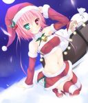  aqua_eyes bandeau bell bell_collar belly blonde_hair blush breasts chibi christmas collar detached_sleeves hair_ornament hat heterochromia impossible_clothes jpeg_artifacts kneeling looking_at_viewer medium_breasts midriff multiple_girls navel night original pink_hair red_eyes sack santa_hat skirt sleigh snow strapless striped striped_legwear suterii thighhighs tubetop 