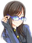  blue-framed_eyewear blue_eyes brown_hair buttons derivative_work fingernails glasses kazeoto_kirito long_hair looking_at_viewer multicolored multicolored_eyes original purple_eyes simple_background sleeves_past_wrists smile solo white_background 