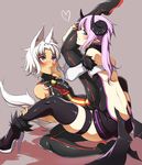  androgynous bell berry_cherry blue_eyes blush boots cow_bell heart highres horns long_hair male_focus multiple_boys original otoko_no_ko purple_eyes purple_hair smile tail thick_thighs thigh_boots thighhighs thighs wadani_hitonori white_hair wings yaoi yume_rame 