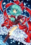  aqua_eyes aqua_hair arm_ribbon boots bow cross-laced_footwear dress frilled_dress frills front_ponytail funnyfunny hair_bow hair_ornament hair_ribbon kagiyama_hina lace-up_boots long_hair looking_at_viewer marker_(medium) ribbon solo touhou traditional_media 