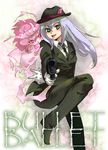  blouse bussiness_suit cardfight!!_vanguard cosplay crossdressing crossplay goddess_of_the_crescent_moon_tsukuyomi green_eyes gun jacket looking_at_viewer necktie oracle_think_tank peace_sign silent_tom tie tokura_misaki v vanguard_ride weapon white_hair 