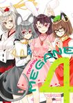  :d :p animal_ears arm_up bespectacled black_hair brown_eyes brown_hair bunny_ears capelet cat_ears chen cover cover_page dress glasses grey_hair inaba_tewi inubashiri_momiji jewelry looking_at_viewer mouse_ears mouse_tail multiple_girls nabeshima_tetsuhiro nazrin open_mouth red_eyes short_hair single_earring smile tail tongue tongue_out touhou v white_background white_hair wolf_ears yellow_eyes 