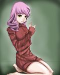  absurdres barefoot dress drill_hair hbz highres katawa_shoujo kneeling long_hair mikado_shiina naked_sweater pink_hair ribbed_sweater sleeves_past_wrists solo sweater sweater_dress twin_drills twintails yellow_eyes 