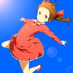  blush brown_eyes brown_hair day dress hair_ribbon looking_at_viewer ninnzinn oekaki_bot oekaki_bot_(character) outstretched_arms ribbon sky smile solo sunlight twintails 