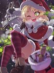  ;d ario bell blonde_hair blurry blush boots capelet depth_of_field gloves green_eyes hat heart mask merry_christmas mizuhashi_parsee one_eye_closed open_mouth pointy_ears sack santa_hat sitting skirt smile snowing solo striped striped_legwear thighhighs touhou voodoo_doll 