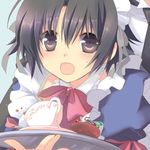  alternate_costume amano black_eyes black_hair blush bow crossdressing cup food little_busters! lowres maid maid_headdress male_focus naoe_riki open_mouth otoko_no_ko pink_bow puffy_sleeves short_hair solo sweatdrop teacup tray 