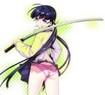  ahoge ass black_hair blue_eyes copyright_request halftone halftone_background jacket kaida_bola katana long_hair looking_at_viewer looking_back mouth_hold over_shoulder panties purple_eyes scar skirt solo striped striped_panties sword sword_over_shoulder twintails underwear very_long_hair weapon weapon_over_shoulder wind wind_lift 