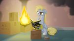  blonde_hair book box brown_eyes cardboard_box cutie_mark derpy_hooves_(mlp) english_text equine female feral fire friendship_is_magic hair horse mammal my_little_pony parallaxmlp pony smoke solo tape text 