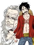  2boys black_hair glasses grey_hair male male_focus monkey_d_luffy multiple_boys murasaki_(crowcherry) one_piece open_clothes open_shirt red_shirt scar shirt silvers_rayleigh smile 