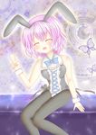  amiguri animal_ears black_legwear breasts bug bunny_ears bunny_girl bunny_tail bunnysuit butterfly closed_eyes couch insect leotard medium_breasts open_mouth pantyhose pink_hair ribbon saigyouji_yuyuko short_hair sitting smile solo tail touhou v 