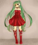  absurdres arms_behind_back bad_id bad_pixiv_id boots choker cross dress earmuffs green_eyes green_hair hatsune_miku highres knee_boots long_hair run_(sweettimehappy) santa_costume solo strapless strapless_dress twintails very_long_hair vocaloid 