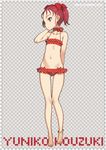  accel_world anklet bare_shoulders barefoot bikini bow character_name collarbone flat_chest hair_bow jewelry kouzuki_yuniko legs long_legs navel ooyari_ashito red_eyes red_hair short_twintails slim_legs solo swimsuit thighs twintails 