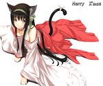  animal_ears bare_shoulders bell black_hair cat_ears cat_tail japanese_clothes jingle_bell kyougoku_touya long_hair merry_christmas miko original ribbon solo tail tail_ribbon 