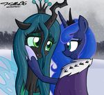  blue_eyes cape changeling crown equine female feral friendship_is_magic green_eyes green_hair hair holes horn horse long_hair mammal my_little_pony outside pony princess_luna_(mlp) queen_chrysalis_(mlp) snow snowing tear tears willis96 winged_unicorn wings 